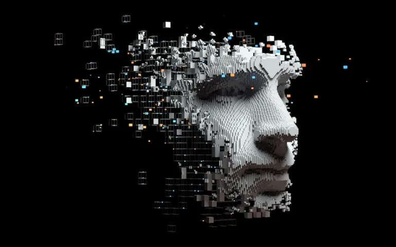 A fragmented digital face as a visual metaphor for AI identity