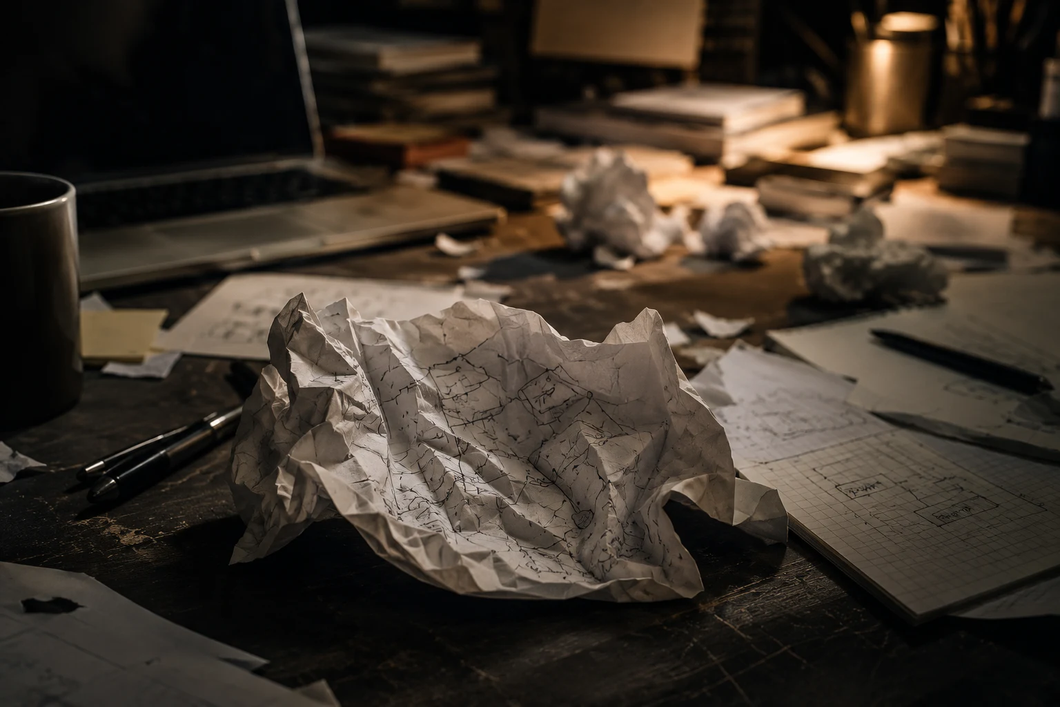 Crumpled plans on a desk after discarded data model attempts
